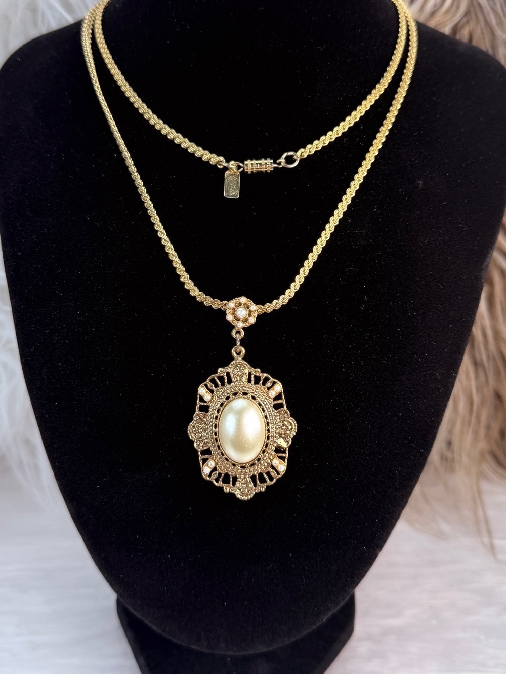 1928 Signed Gold Tone Cream Cabochon Ornate Pendant Long Necklace Victorian